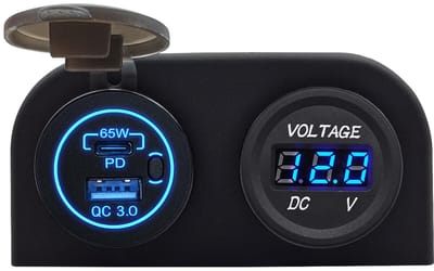 ProRide 12V USB/USB C Stopcontact 2 Poorten Opbouw met Schakelaar - 65W - QC3.0 - Tweevoudig opbouw met Voltmeter - Blauw