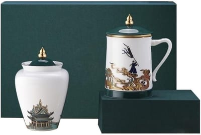 Keramische losse thee-opslagpot, thuiskantoor, theezetbeker met filter, kantoorbeker, theegeschenkdoosset Koffiedikopslag