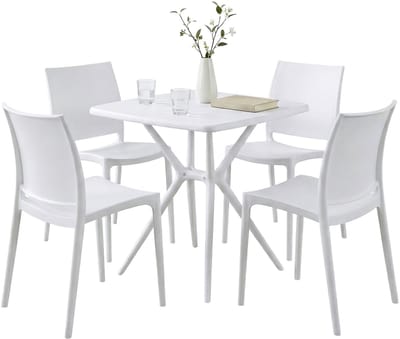 CLP Amino Tuinmeubelset - stapelbaar - 4 stoelen - tafel - weerbestendige - balkonset - voor tuin, balkon en terras - wit