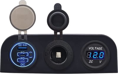 ProRide 12V USB Autolader 3 Poorten - QC3.0 - Voltmeter en 12V/24V Sigarettenplug - Drievoudig opbouw paneel