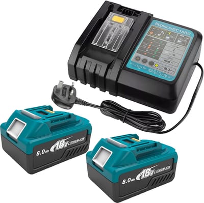 Lithium-ion compatibel met Makita 18V 8.0Ah, compatibel met LED-indicator BL1860 BL1820 1830B 1840B 1850B, 18V draadloos elektrisch gereedschap (8000mAh) 2 stuks met oplader