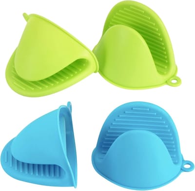 Ovenhandschoenen - 4-delige set - Siliconen ovenhandschoenen - Siliconen ovenhandschoenen voor in de keuken - Mini rubberen ovenhandschoenen - Leuke kookhandschoenen (blauw en groen)