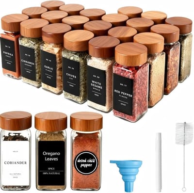SnelShoppen - Set van 24 Glazen Kruidenpotjes 120 ml met Houten Deksel, Etiketten, Trechter en Borstel - Vierkante Keukenbewaarpotjes voor Kruidenset,