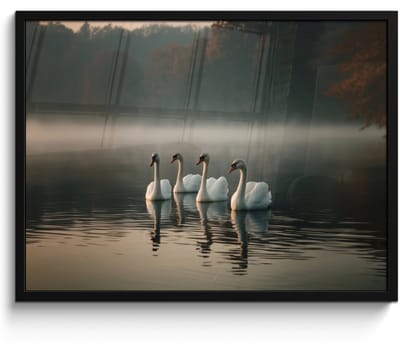 Poster in lijst - Fotolijst 70x50 cm - Posters - Zwanen - Wit - Water - Mist - Posterlijst zwart - Decoratie - Wanddecoratie woonkamer - Muurdecoratie slaapkamer