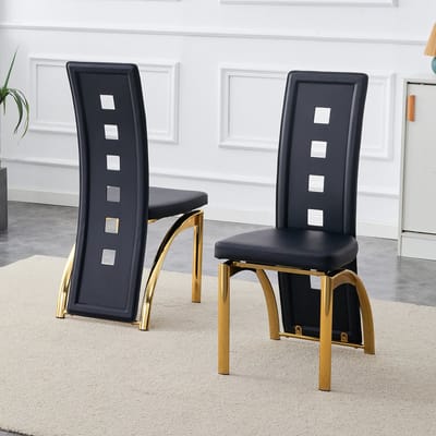 [Set van 2] Europese design eetkamerstoelen met geperforeerd patroon, zwart PU-leer + goudkleurige metalen poten, 102,5 cm hoog, geschikt voor moderne eet- of woonkamers.