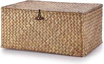 Wicker opbergmand vierkant geweven met deksel - badkamer, woonkamer organizer - decoratieve opbergmand onder plank - veelzijdig opbergidee - koffie XL