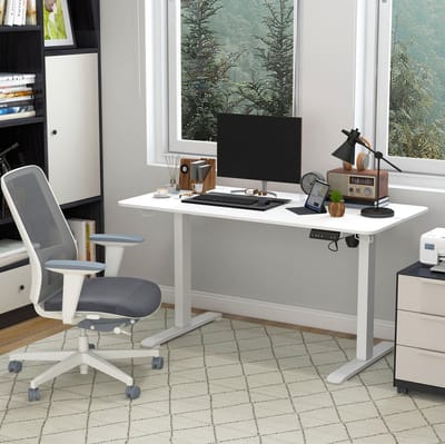 MEUNIQ Elektrisch verstelbaar bureau 140 x 70 cm met 4 geheugenstanden, kabeldoorvoer, 2 haken en anti-collision, zit-sta bureau voor thuiskantoor of werkkamer, wit