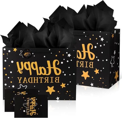 Verjaardagscadeau Tas - Medium Cadeauzakken met 3 Tissue Papieren en 1 Wenskaart voor Kinderen en Volwassenen - Sterrenhemel Ontwerp met Handvatten - Perfect voor Verjaardagsfeestjes en Cadeauverpakkingen - 30x12x22cm