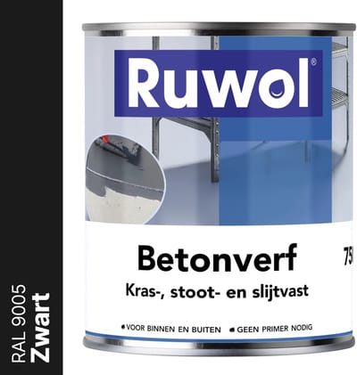 Ruwol Betonverf Zwart (RAL 9005) 750 ml - Voor binnen en buiten - Alle kleuren - Kras-, stoot- en slijtvaste verf voor beton en steen - Betonverf voor buiten