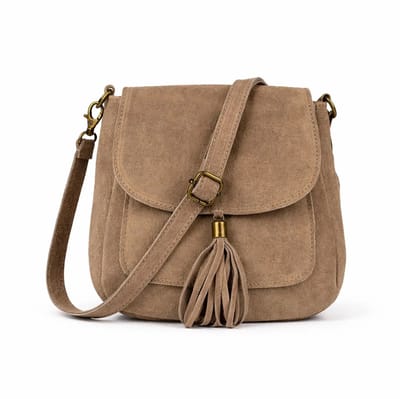 Donkertaupe Suède Schoudertas Tassle - Suède - Italiaans Leder - Boho Schoudertassen - Borse in Pelle - Donker Taupe