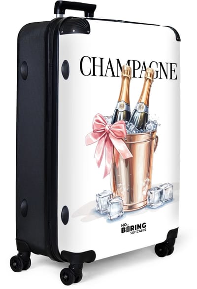 NoBoringSuitcases.com® - Koffer groot - Reiskoffer lichtgewicht - Wit met illustratie en zwarte quote 'champagne' - Rolkoffer met 4 wielen - Grote trolley XL - 98 liter bagage