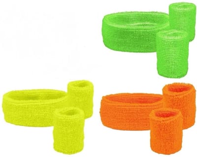 6 Sets zweetbandjes - 2 polsbandjes, 1 hoofdband - 2x neon geel + 2x neon groen + 2x neon oranje - Festival - Beach party - fout feest