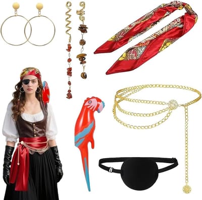 Piratenkostuum accessoires voor vrouwen: 8-delige set met hoofddoek, ooglap, ketting, tailleketting, corset, haaraccessoires, oorbellen en papegaai