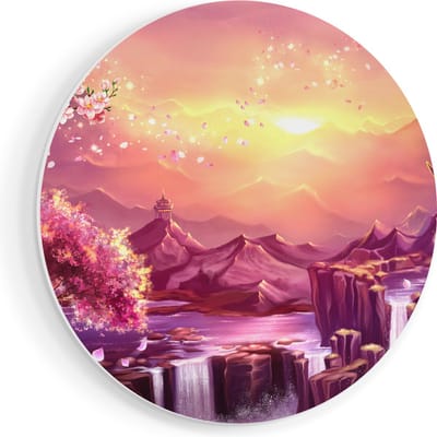 Artaza Forex Muurcirkel Illustratie Van Watervallen Met Bloesems - 50x50 cm - Klein - Wandcirkel - Rond Schilderij - Muurdecoratie Cirkel