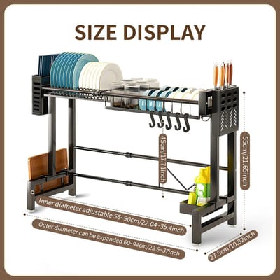 NordHaus 2-Laags Afdruiprek - Roestvrijstalen Afdruiprek - Keuken Organizer - Met Lekbak - Zwart - Verstelbaar 60-94 cm