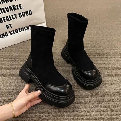 Winter Vrouw Suède Enkellaarsjes Mode Zijritsen Dames Elegant Platform Dikke Bodem Korte Laarzen Schoenen Zwarte Damesboten 40