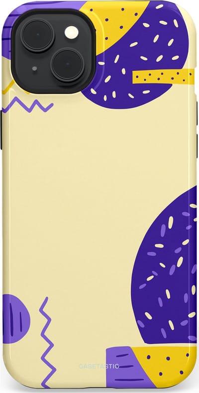 Casetastic hoesje geschikt voor Apple iPhone 15 Plus - MagSafe - Dubbellaagse bescherming - Geo zigzag - Fashion Case - Crème Blauw Geel
