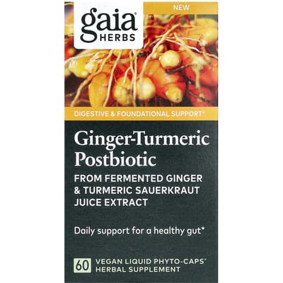 Gaia Herbs, Gember-Kurkuma Postbiotica, Veganistische Vloeibare Phyto-Caps, 60 Tabletten