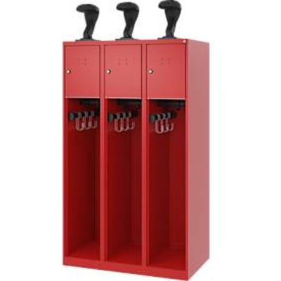 Brandweerkluis C+P Evolo Youngster, 3 vakken, met helmhouder, vloerglijders, B 900 x D 500 x H 1530 mm, RAL 3000 vuurrood