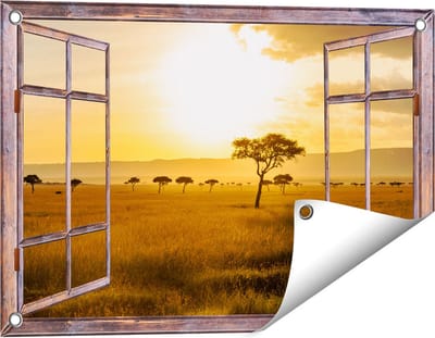 Gards Tuinposter Doorkijk Zonsondergang in de Savanne - 60x40 cm - Tuindoek - Tuindecoratie - Wanddecoratie buiten - Tuinschilderij
