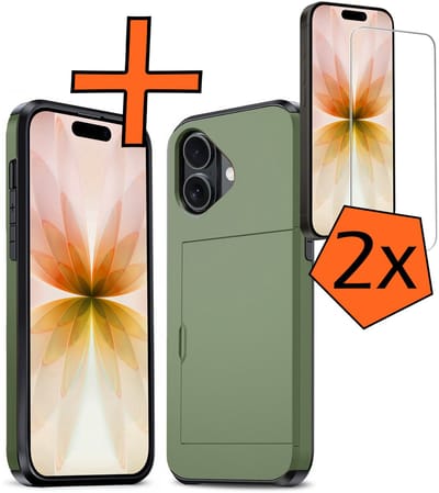 Hoesje Geschikt voor iPhone 17 Hoesje Pasjeshouder Shockproof Hard Case Met 2x Screenprotector - Hoesje Geschikt voor iPhone 17 Hoes Met Kaarthouder - Donkergroen