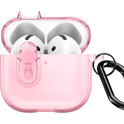 Dux Ducis PECL Hoesje Geschikt voor AirPods 4 met Aluminum Haak Transparant Roze