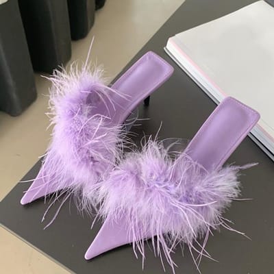 Liyke Fashion Lage Dunne Hakken Muilezels Pantoffels Voor Dames Pvc Transparante Schoenen Paars Pluizige Veer Zomer Slides Sandalen 38 paars