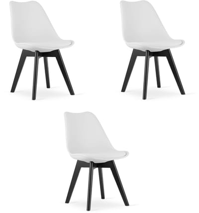 Set van 3 Stoelen MARK – Wit, Zwarte Poten, Kunststof Zitting met Kunstlederen Kussen, Strak Design, Ergonomisch, Geschikt voor Keuken, Eetkamer, Kantine en Werkruimte, Max. 120 kg