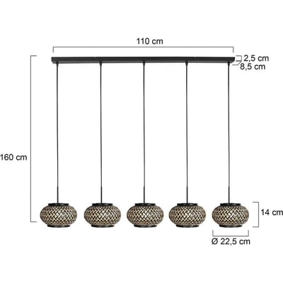 Hanglamp Nox Light 4528ZW – trendy zwarte bamboe en metaal, 120 cm breed, hoogte instelbaar van 50-120 cm, Steinhauer