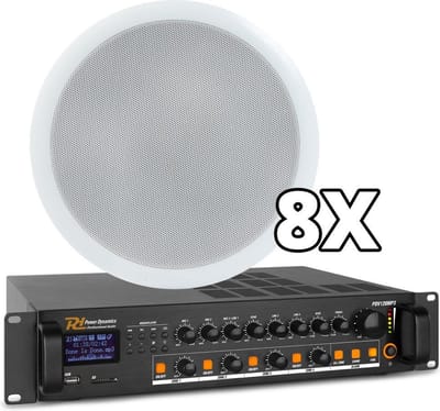 Power Dynamics 100V Bluetooth geluidsinstallatie met 8 plafondspeakers voor kantoor, praktijk, restaurant, etc. - 4 apart regelbare zones!