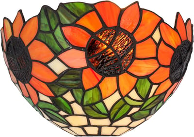 Tiffany wandlamp zonnebloem - Oranje-groen-amber - B 25 cm - Glas in lood - Warm licht - Muurlamp | RORUVERA