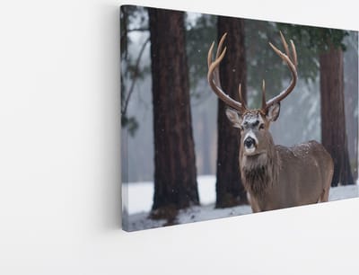 Saammp Canvas Schilderij - Hert in het bos met sneeuw - Natuur - Dieren - 45x30 - Foto op canvas - Wanddecoratie - Muurdecoratie Woonkamer - Slaapkamer decoratie - Canvas Print