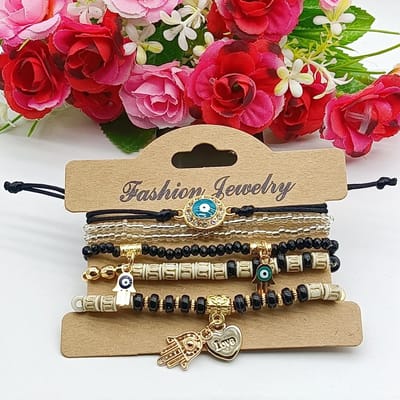 Ensemble de 6 bracelets Main de Fatima Œil Maléfique Pour Femmes Breloque Cœur Perles Chaîne Corde Jonc Bijoux Bohémiens Faits Main pour Femmes black