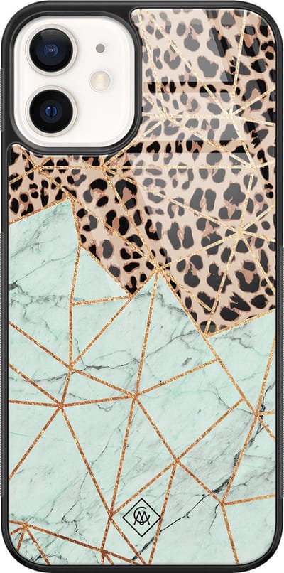 Casimoda® hoesje - Geschikt voor iPhone 12 - Luipaard Marmer Mint - Luxe Hard Case Zwart - Backcover telefoonhoesje - Bruin
