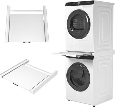 Tussenstuk Wasmachine Droger - Stapelkit XL - Ruimte Besparen - Uitschuifbaar Plateau - 62 cm Diep - Wit