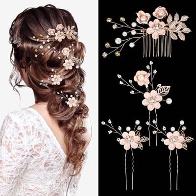 Dailygoods- Haarspelden Bruiloft - 4 Stuks - Roze Bloemen - Kristallen Haaraccessoires - Hoofdtooi - Hoog Kapsel - Materiaal: ABS/IJZERLEGERING - Haarkam