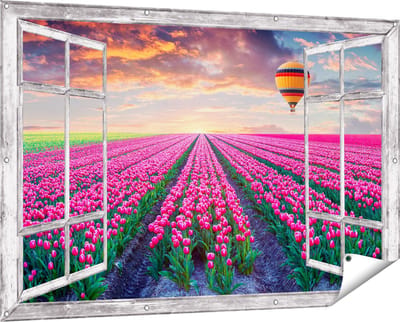 Gards Tuinposter Doorkijk Bloemenveld met Roze Tulpen - Luchtballon - 150x100 cm - Tuindoek - Tuindecoratie - Wanddecoratie buiten - Tuinschilderij