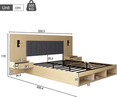 HAUSS SPOLE Tweepersoonsbed 160x200 cm - Met USB en Draaibare Leeslamp - Met Opbergruimte en 2 Nachtkastjes - Zonder Matras - MDF - Licht Eiken