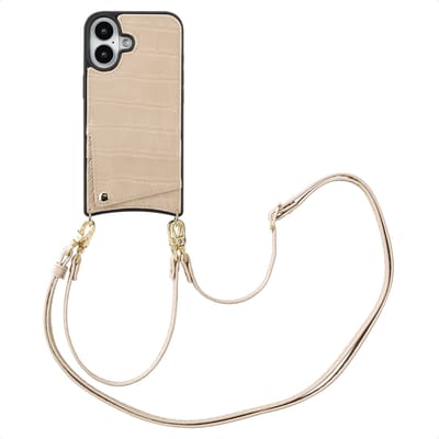 Selencia Hoesje - Geschikt voor Apple iPhone 16 - Croco Backcover met koord en pashouder - Beige