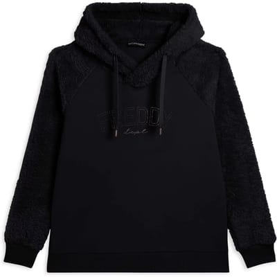 Dames hoodie met kruisende capuchon en mouwen van sherpa stof Freddy