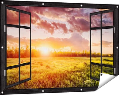 Gards Tuinposter Doorkijk Zonsopkomst in het Veld - 120x80 cm - Tuindoek - Tuindecoratie - Wanddecoratie buiten - Tuinschilderij
