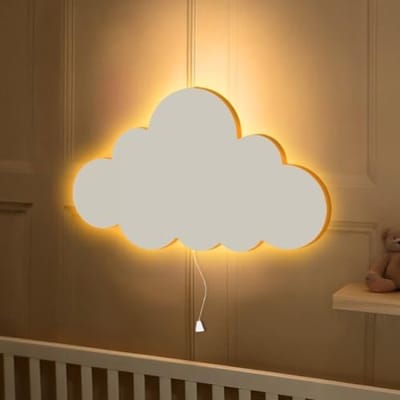 Witte Houten Wolk LED Nachtlamp - Batterij Aangedreven - Wit - Slaapkamer - Kinderkamer