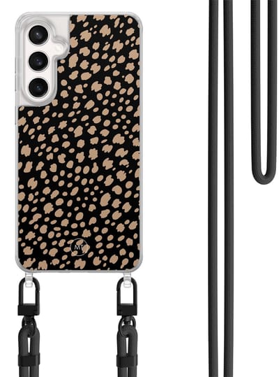 Hoesje met koord geschikt voor Samsung Galaxy S24 FE - Savannah spots - Inclusief Zwart koord - Crossbody beschermhoes - Transparant, Zwart, Bruin - Mooie Telefoonhoesjes