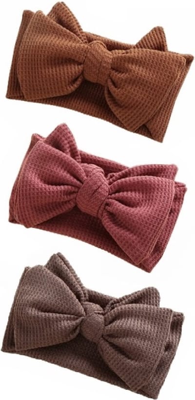 3 Stuks Baby Haarbandjes met Grote Strik – 3 t/m 12 Maanden – Bruin, Oudroze & Roestbruin