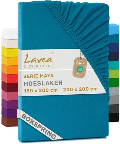 Lavea® Hoeslaken 180x200cm 100% Katoen – Hoge Hoek 35 cm voor Dikke Matrassen – met Elastiek Rondom in Jersey – voor Boxspring – Aquamarijn