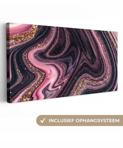 Canvas schilderij 40x20 cm - Wanddecoratie Marmerlook - Roze - Paars - Goud - Luxe - Marmer - Muurdecoratie woonkamer - Slaapkamer decoratie - Kamer accessoires - Schilderijen op canvas