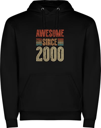 Zwarte unisex hoodie met “ Kleurrijke Awesome Since 2000 – Vintage stijl – Leeftijd – Verjaardag “ Print Full Color Color merk Roly maat S