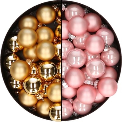 Mini kerstballen - 48x st - goud en lichtroze - 2,5 cm - glas - kerstversiering