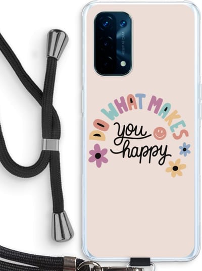 Case Company® - Hoesje met koord geschikt voor Oppo A74 5G hoesje met Koord - Happy days - Telefoonhoesje met Zwart Koord - Bescherming aan alle Kanten en Over de Schermrand