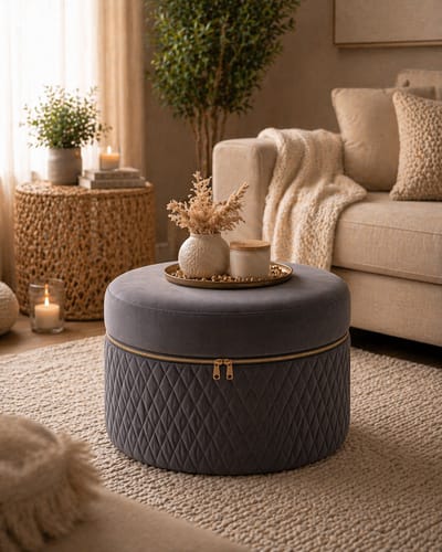 By Viento Nova Velvet Poef – Design Zitpoef – Gouden Rits – Ø42 x H31 cm – Grijs